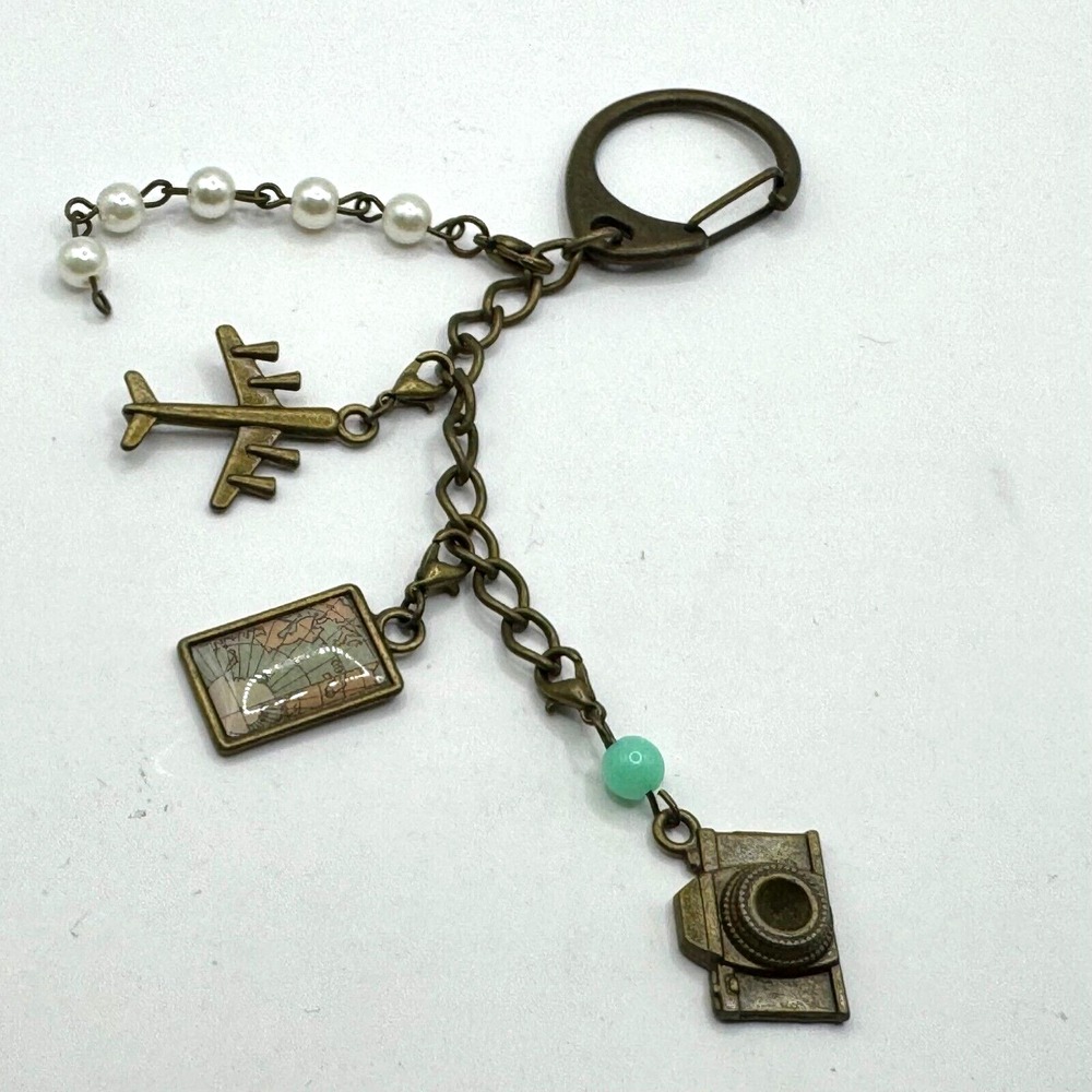 Vintage key chain Bronze tone World Travel Camera Airplane Map Charm Pearl Beads